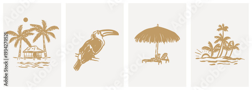 Doodle beach and surf vector illustration set. Tropical naive coastal elements like palm trees, waves, woman with surfboard, and sun perfect for summer designs, t-shirts, posters, and placard prints.