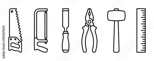 Various hand tools outline icons representing construction, repair, and carpentry work on a clean surface.