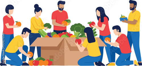 Community Volunteers Sorting Fresh Vegetables and Fruits into Donation Box, Food Bank Charity and Social Support Vector Illustration