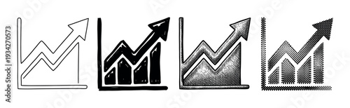 Rising line graph icons in various hand-drawn and textured styles illustrating business growth and financial success.