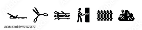 Gardening tools and activities icons set for various outdoor yard work, landscaping, and maintenance tasks.