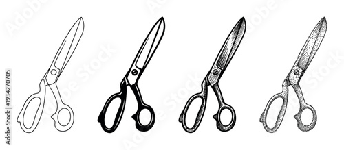 Four different styles of classic tailoring scissors are presented in a detailed vector illustration set.