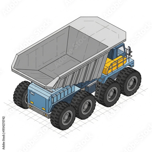 3D rendering of a large blue mining dump truck with yellow accents.