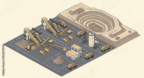 Isometric illustration of an industrial mining site with various machinery and infrastructure.