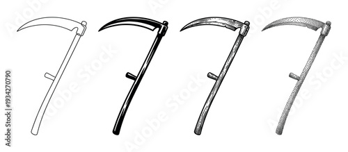 Scythe illustrations are presented in a diverse collection of black and white artistic styles, including line art, solid fill, hatching, and stippling.
