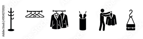 Clothing storage and accessory icons are displayed in a clean, minimalist style, representing various ways to organize garments and personal items.