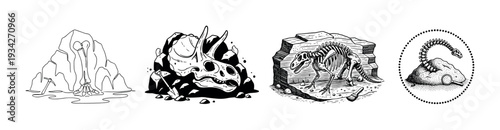 Dinosaur fossils and skeletons unearthed during paleontological excavation, showcasing ancient prehistoric creatures in various stages of discovery.