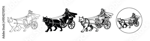 Cat pulling chariot with woman riding inside, presented in a collection of classic black and white vintage illustration styles.