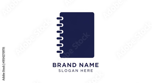 Dark blue notebook icon with placeholder brand name and slogan text.
