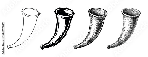 Four decorative cornucopia horn illustrations presented in various artistic styles including outline, brush stroke, engraving, and stippling.