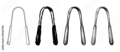 Four different tongue scrapers are displayed in various artistic styles, illustrating essential oral hygiene tools.