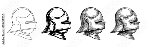 Four medieval knight helmets are depicted in various black and white artistic styles, showcasing historical protective headgear.
