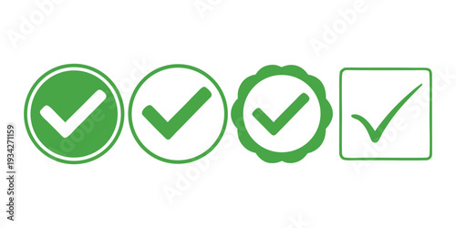 Green check mark icon set for web and app interface approval symbols