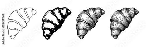 Hand-drawn croissants presented in multiple unique illustration styles, including outline, solid, hatched, and stippled textures.