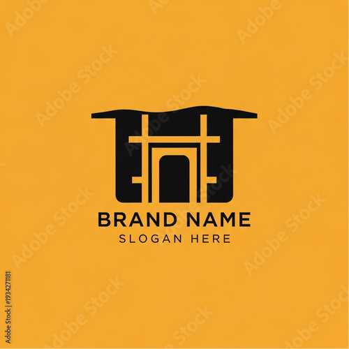 Modern minimalist logo template with building and brand name placeholder.