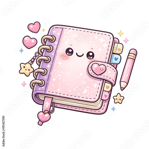 smiling kawaii planner with pastel charm, adorable stationery character illustration, cute planner mascot design, soft pastel pink lavender and mint palette, happy face with rosy cheeks detail, tiny d