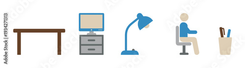 Office supplies and workspace elements are neatly arranged in a minimalist flat design illustration.