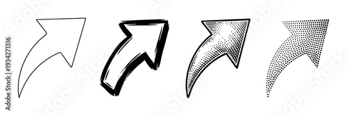 Four different styles of upward curving arrows illustrating direction, progress, and movement in a versatile graphic collection.