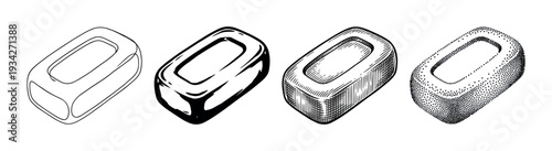 Four different soap bars depicted in various artistic styles, showcasing diverse hand-drawn and engraved illustration techniques.
