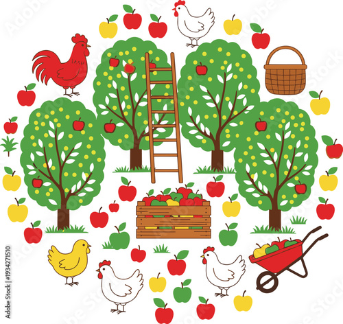 Apple Orchard Harvest Scene with Trees, Ladder, Chickens, Rooster, Basket and Wheelbarrow Full of Fresh Apples Vector Illustration