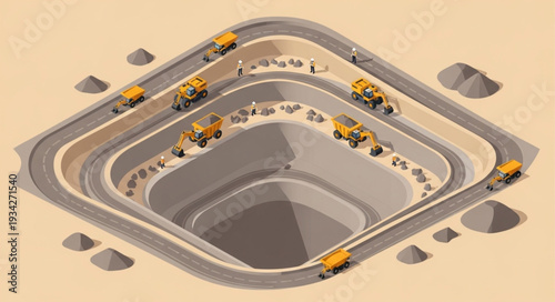 Construction Site with Heavy Machinery and Trucks.