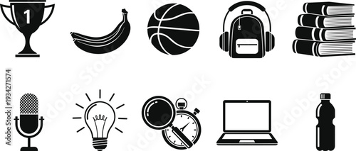Black Silhouette Icon Set with Trophy, Basketball, Backpack, Books, Microphone, Laptop and Education Sport Equipment Vector Illustration