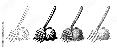 Pitchfork and hay bundle illustration set showcasing various artistic drawing styles including line art, solid fill, engraving, and stippling.