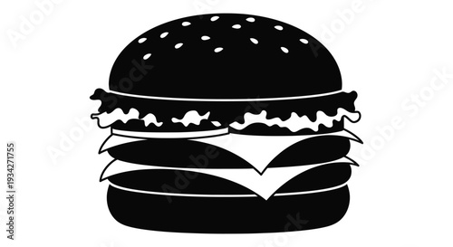Black and white illustration of a layered cheeseburger with sesame seeds