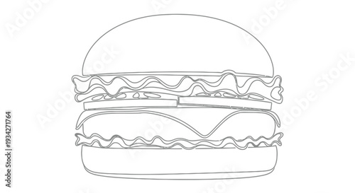 Simple line drawing of a classic hamburger with bun patty and toppings