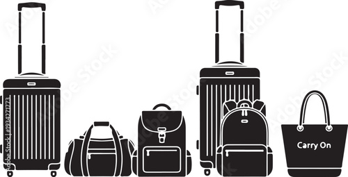 Black luggage and travel bags on white background