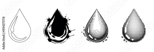 Four different stylized liquid drops are presented in various artistic black and white illustration styles.