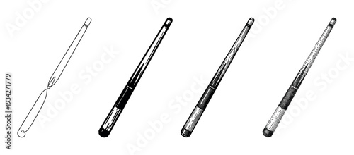 Four distinct pool cue illustrations demonstrate a progression of artistic drawing styles and detailed techniques.