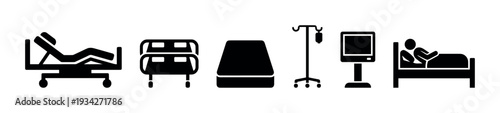 Hospital patient medical care equipment icons set representing various aspects of healthcare and recovery in a clinic.