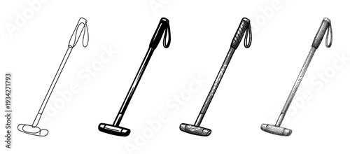 Four distinct croquet mallet illustrations showcasing various artistic styles and techniques in black and white.