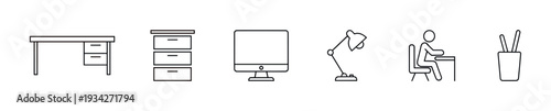 Office workspace furniture and equipment line art icons representing various elements of a productive work environment.