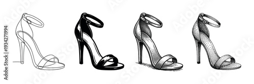 Elegant high heel sandals with ankle strap showcased in a collection of diverse black and white artistic drawing styles.