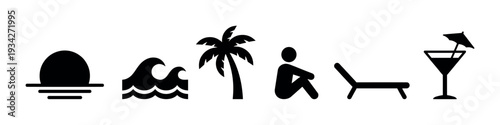 Beach vacation icons representing summer holidays and relaxation are displayed in a clean, minimalist black silhouette style.