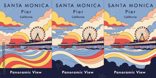 Santa Monica Pier Sunset with Ocean Waves – Pastel Gradient Flat Vector Ultra‑Wide Panoramic Illustration | USA US U.S. United States Banner, Card & Flyer Design
