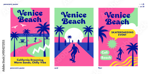 Venice Beach Palm Line Art with Skating Silhouettes – Bright Flat Vector Ultra‑Wide Panoramic Illustration | USA US U.S. United States Banner, Card & Flyer Design

