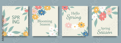 Soft pastel spring greeting cards with floral illustrations and blooming season typography set