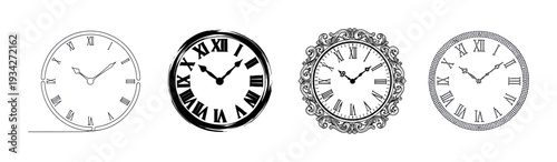 Four classic round clocks with Roman numerals showcasing various artistic design styles and historical elegance.