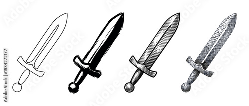 Four distinct styles of sword illustration showcasing outline, solid, engraved, and stippled artistic techniques.