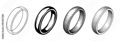 Rings in various artistic styles are depicted as a monochrome graphic element, showcasing different rendering techniques.