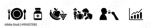 Health and wellness icons representing nutrition, medicine, and progress are displayed in a clean, minimalist black and white design.