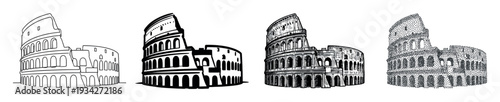 Colosseum ancient Roman amphitheater landmark building depicted in four distinct illustrative styles showcasing its historical grandeur and architectural detail.