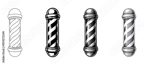 Barber pole symbols are presented in a collection of distinct artistic styles including line art, solid fill, hatching, and stippling.