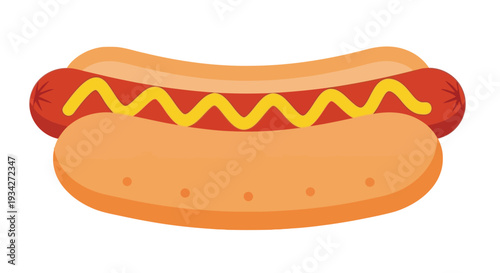 A colorful cartoon illustration of a hot dog with mustard and a bun
