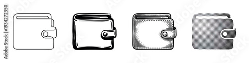 Four different stylized wallet icons representing financial concepts and payment methods in various artistic styles.