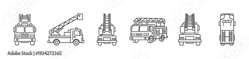 Outline fire trucks vector illustration set of emergency vehicles in various perspectives for design elements.