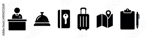 Hotel travel icons set collection vector illustration representing various services and items for accommodation and journeys.